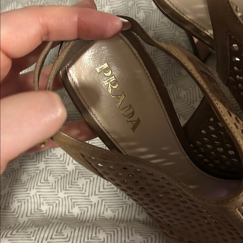 Prada Laser Cut Leather Brown Peep-Toe Slingback Heels - 39 - Picture 3 of 6